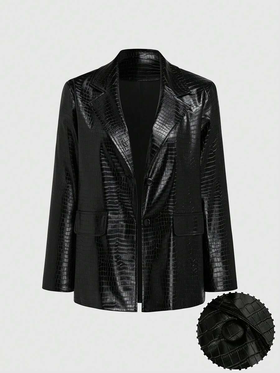 Sweetra Plus Size Lapel Double-Button Faux Crocodile Texture PU Leather Women's Autumn/Winter Blazer - Black - View 1