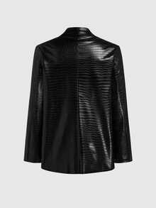 Sweetra Plus Size Lapel Double-Button Faux Crocodile Texture PU Leather Women's Autumn/Winter Blazer - Black - View 2
