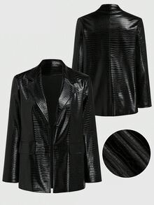 Sweetra Plus Size Lapel Double-Button Faux Crocodile Texture PU Leather Women's Autumn/Winter Blazer - Black - View 3