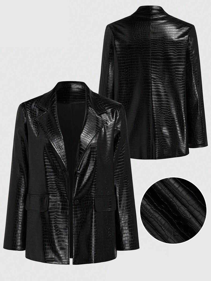 Sweetra Blazer Wanita Ukuran Besar dengan Kerah Ganda, Tekstur Kulit Buaya Imitasi, Bahan PU, untuk Musim Gugur/Musim Dingin - Hitam - View 1