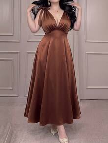 Vibekara Plus Size Fashion V-Neck Tie Bow Backless High-End Waist-Cinching Maxi Dress - Brown - View 1