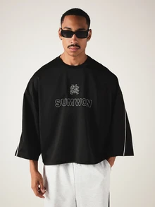 SUMWON Boxy Crop Crew Neck Tee With Contrast Piping Detail And Embroidered Logo Print For Casual Street Style - Black - View 5