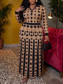 Veslaya Spring/Summer Women's Plus Size New Bold, Classy Feminine Style Tummy Control Fit Breathable Elegant Romantic Classic Coffee & Black Color Block Polo Collar Long Sleeve Dress - Multicolor - View 4