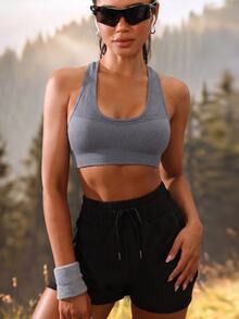 Exploreva Women's Solid Color Everyday Fitness Sports Bra - Light Grey - View 7
