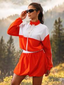 Exploreva Women's Colorblock Long Sleeve Jacket And Mini Skirt Fashion Sports Outdoor Set - Red and White - View 8