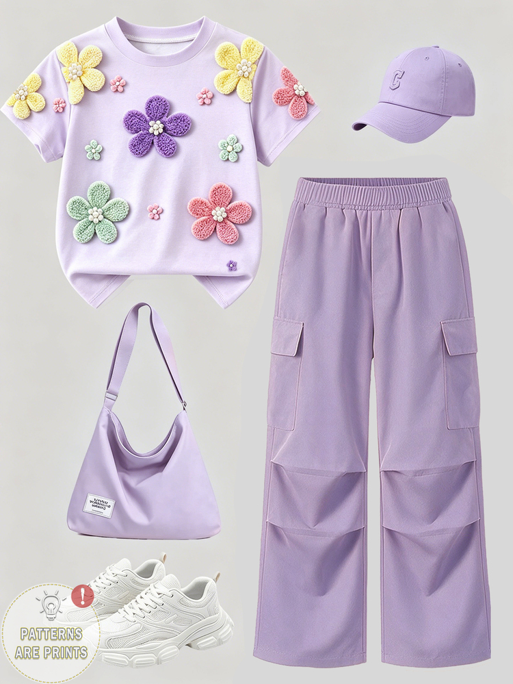SHEIN 2pcs/Set Girls Floral Print T-Shirt And Purple Long Pants Set, Round Neck Short Sleeve T-Shirt And Wide Leg Cargo Pants, Casual Comfortable, Fashionable Versatile - Multicolor - View 2