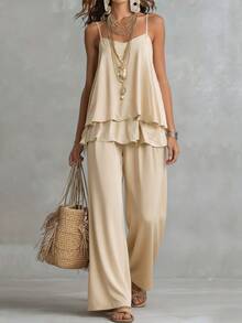 Glimmora Women's Apricot-Colored Camisole And Trousers Seta Casual Ensemble Suitable For Dates, Vacations, Commuting, And Everyday Wear. - Apricot - View 1