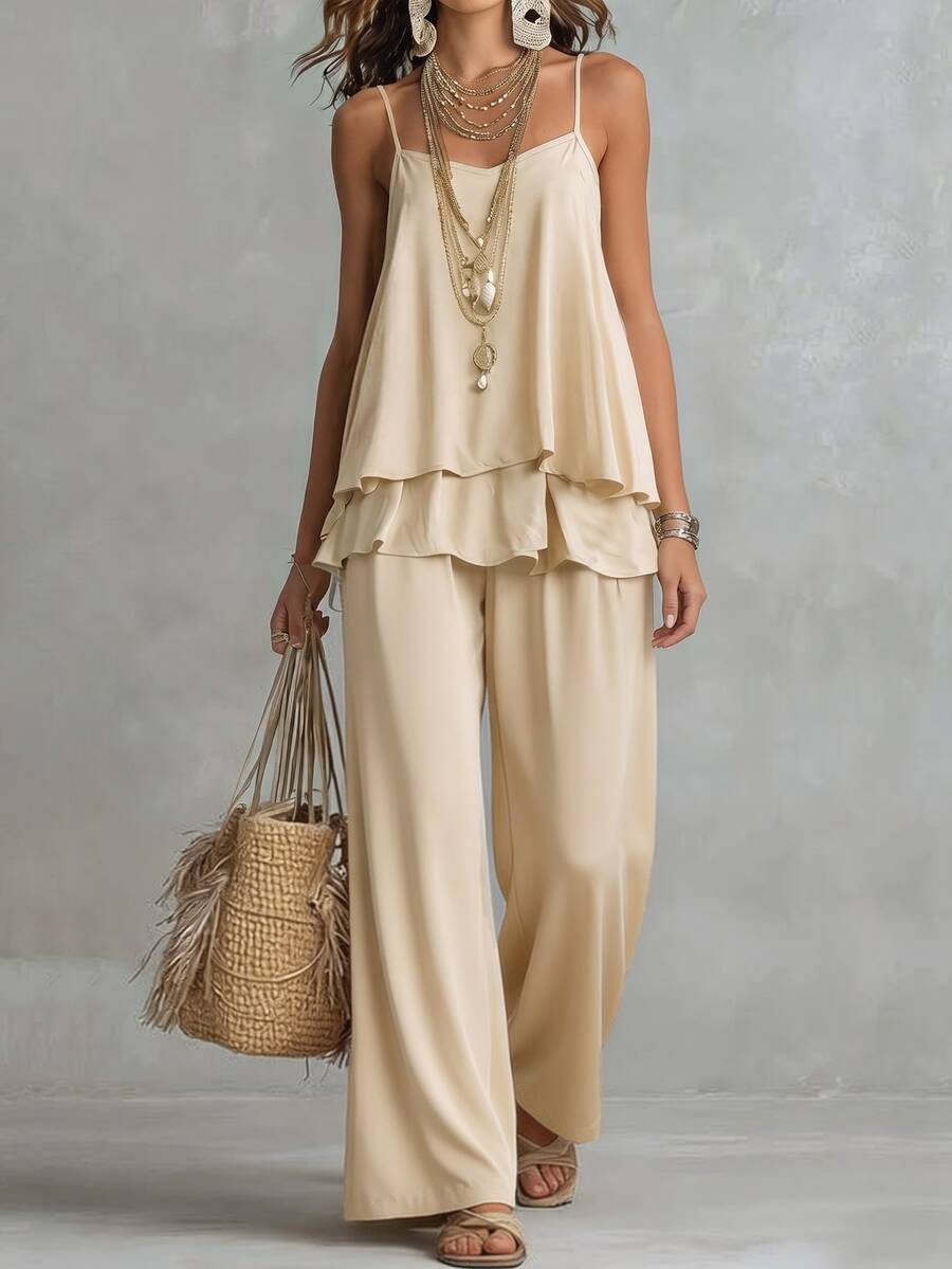 Glimmora Women's Apricot-Colored Camisole And Trousers Seta Casual Ensemble Suitable For Dates, Vacations, Commuting, And Everyday Wear. - Apricot - View 1