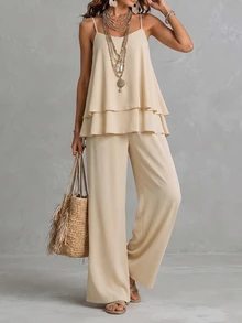 Glimmora Women's Apricot-Colored Camisole And Trousers Seta Casual Ensemble Suitable For Dates, Vacations, Commuting, And Everyday Wear. - Apricot - View 3