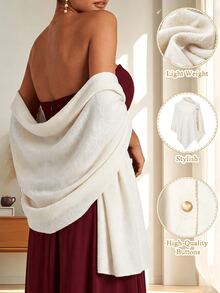 Flora Isola Flora Isola Women's Elegant Minimalist 3D Rope Embroidery Decorated Sweater Button Up Poncho White And Gold Knitwear Formal Basic Modest Brunch Autumn - White - View 3