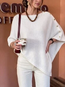 Flora Isola Flora Isola Women's Elegant Minimalist 3D Rope Embroidery Decorated Sweater Button Up Poncho White And Gold Knitwear Formal Basic Modest Brunch Autumn - White - View 4