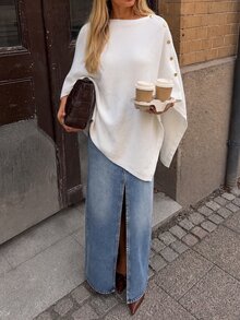 Flora Isola Flora Isola Women's Elegant Minimalist 3D Rope Embroidery Decorated Sweater Button Up Poncho White And Gold Knitwear Formal Basic Modest Brunch Autumn - White - View 10