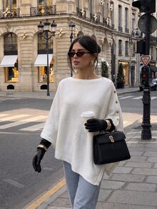 Flora Isola Flora Isola Women's Elegant Minimalist 3D Rope Embroidery Decorated Sweater Button Up Poncho White And Gold Knitwear Formal Basic Modest Brunch Autumn - White - View 8