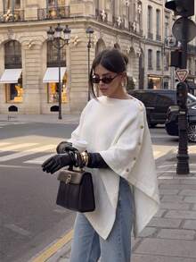Flora Isola Flora Isola Women's Elegant Minimalist 3D Rope Embroidery Decorated Sweater Button Up Poncho White And Gold Knitwear Formal Basic Modest Brunch Autumn - White - View 2