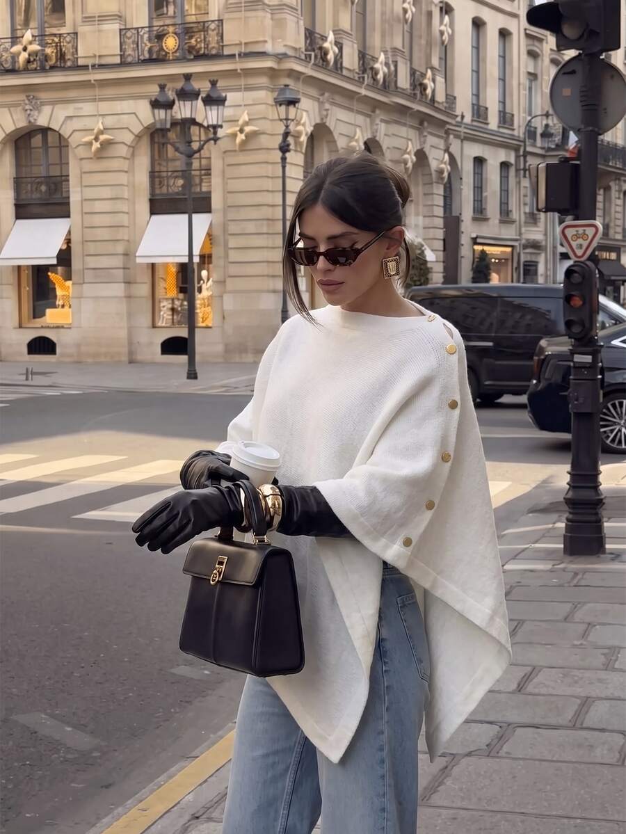 Flora Isola Flora Isola Women's Elegant Minimalist 3D Rope Embroidery Decorated Sweater Button Up Poncho White And Gold Knitwear Formal Basic Modest Brunch Autumn
