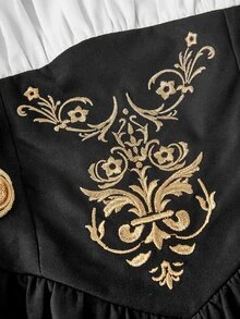 SHEIN MOD 黑白金屬扣刺繡花瓣袖 2 合 1 短洋裝，適合萬聖節、野餐、度假派對，夏季鄉村風復古 70s 80s 90s 風格 - 黑與白 - 查看 6
