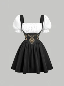 SHEIN MOD 黑白金屬扣刺繡花瓣袖 2 合 1 短洋裝，適合萬聖節、野餐、度假派對，夏季鄉村風復古 70s 80s 90s 風格 - 黑與白 - 查看 4