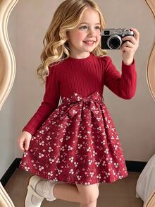 SHEIN Sparklyn Tween Girls Ribbed Knit Floral Print Splicing Dress, Elegant Bow Front Long Sleeve A-Line Holiday Dresses, Cute Sister Matching Clothes - Burgundy - View 1