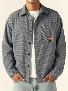 SUMWON Oversized Navy Checked Shirt With Chest Pocket And Embroidered Logo Detail Long Sleeve Button-Down Overshirt - Blue - View 4