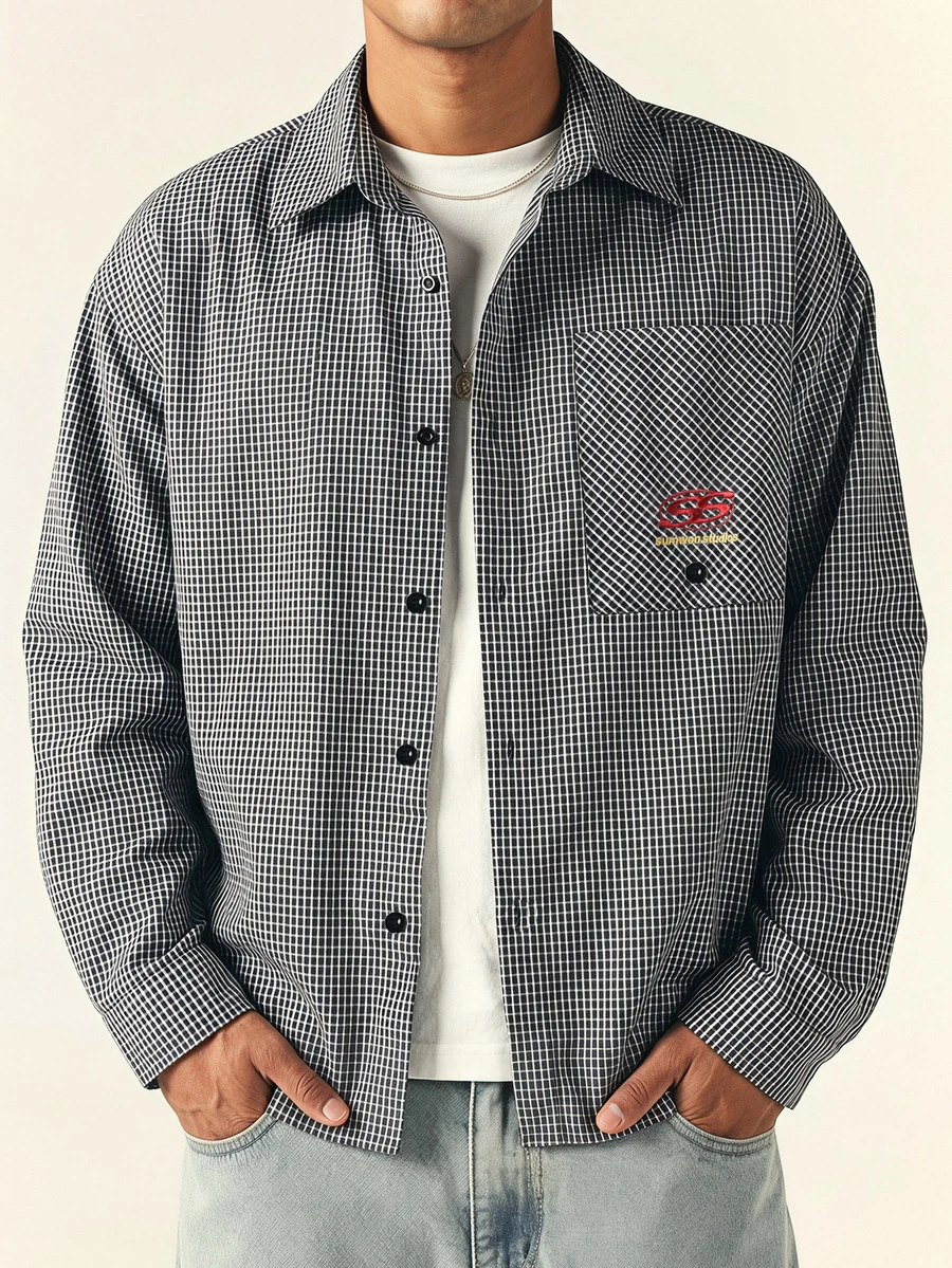 SUMWON Oversized Navy Checked Shirt With Chest Pocket And Embroidered Logo Detail Long Sleeve Button-Down Overshirt - Blue - View 1