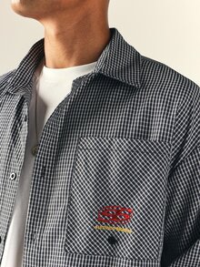 SUMWON Oversized Navy Checked Shirt With Chest Pocket And Embroidered Logo Detail Long Sleeve Button-Down Overshirt - Blue - View 3