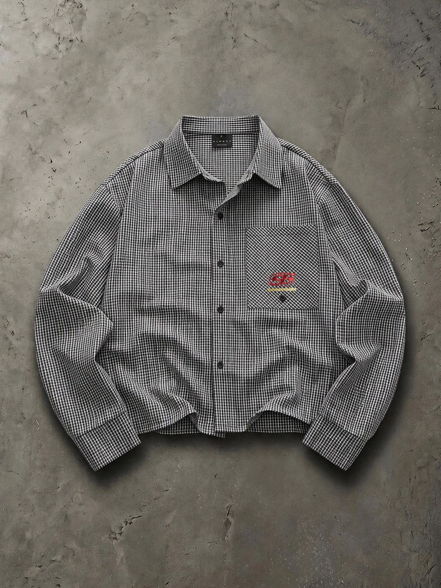 SUMWON Oversized Navy Checked Shirt With Chest Pocket And Embroidered Logo Detail Long Sleeve Button-Down Overshirt - Blue - View 1
