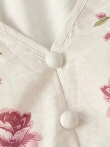 Skyraze 浪漫鄉村風花卉花瓣袖鈕扣中長洋裝 米色 夏季 野餐 度假 萬聖節 開學季 - 彩色 - 查看 6