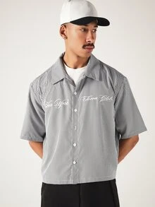 SUMWON Micro Gingham Checked Cropped Boxy Shirt With Spread Collar Embroidered Script Text Short Sleeve Button Front Summer Holiday Style - Black and White - View 4