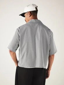 SUMWON Micro Gingham Checked Cropped Boxy Shirt With Spread Collar Embroidered Script Text Short Sleeve Button Front Summer Holiday Style - Black and White - View 5