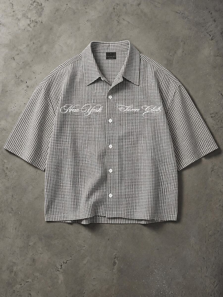 SUMWON Micro Gingham Checked Cropped Boxy Shirt With Spread Collar Embroidered Script Text Short Sleeve Button Front Summer Holiday Style - Black and White - View 1