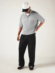 SUMWON Micro Gingham Checked Cropped Boxy Shirt With Spread Collar Embroidered Script Text Short Sleeve Button Front Summer Holiday Style - Black and White - View 3