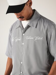 SUMWON Micro Gingham Checked Cropped Boxy Shirt With Spread Collar Embroidered Script Text Short Sleeve Button Front Summer Holiday Style - Black and White - View 2