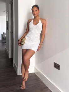 Sunnyshic Women's Sexy Halter Neck White Dress, Fashionable Vacation Casual Beach Outfit, Elegant Party Short Dress, Cute Sweet Style - White - View 5