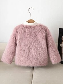 Elladie kids Young Girl Minimalist Long Fur Faux Fur Loose Cardigan Jacket, Winter Wear, Exquisite & Elegant Urban Style - Dusty Pink - View 2