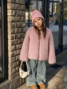 Elladie kids Young Girl Minimalist Long Fur Faux Fur Loose Cardigan Jacket, Winter Wear, Exquisite & Elegant Urban Style - Dusty Pink - View 5