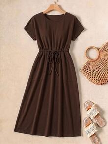 Rusticease 95 Cotton Women's Casual Basic Drawstring Waist Midi Dress Picnic Everyday Vacation Brown Summer Versatile Basics - Coffee - View 5