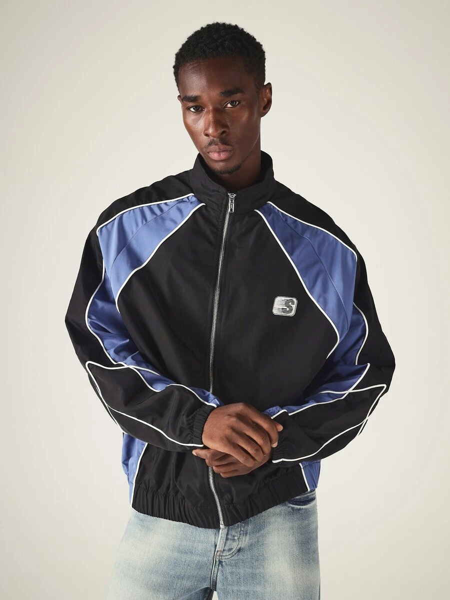 SUMWON Oversized Colour Block Windbreaker Jacket With White Contrast Piping Full Zip Mandarin Collar And Logo Patch Detail - Multicolor - View 1