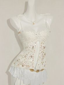 SHEIN ICON Women's Summer Vacation Style Sequin Shell Decor Backless Tie Strap Knitted Camisole Top - White - View 7