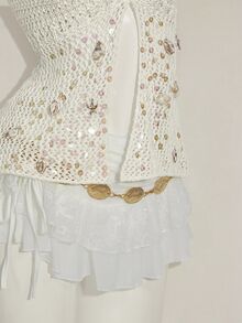 SHEIN ICON Women's Summer Vacation Style Sequin Shell Decor Backless Tie Strap Knitted Camisole Top - White - View 10