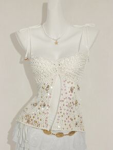 SHEIN ICON Women's Summer Vacation Style Sequin Shell Decor Backless Tie Strap Knitted Camisole Top - White - View 4