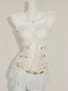 SHEIN ICON Women's Summer Vacation Style Sequin Shell Decor Backless Tie Strap Knitted Camisole Top - White - View 3