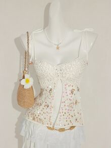 SHEIN ICON Women's Summer Vacation Style Sequin Shell Decor Backless Tie Strap Knitted Camisole Top - White - View 5
