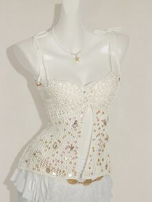 SHEIN ICON Women's Summer Vacation Style Sequin Shell Decor Backless Tie Strap Knitted Camisole Top - White - View 8