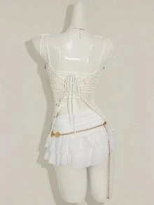 SHEIN ICON Women's Summer Vacation Style Sequin Shell Decor Backless Tie Strap Knitted Camisole Top - White - View 2