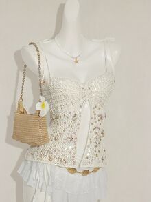 SHEIN ICON Women's Summer Vacation Style Sequin Shell Decor Backless Tie Strap Knitted Camisole Top - White - View 6