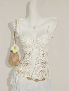 SHEIN ICON Women's Summer Vacation Style Sequin Shell Decor Backless Tie Strap Knitted Camisole Top - White - View 11
