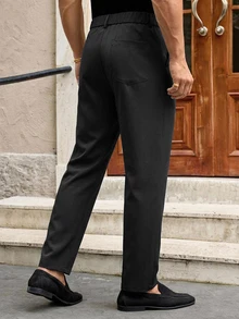HIMLAND Men's Casual Woven Elastic Waist Straight Leg Pants Black Pants - Black - View 4