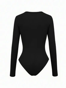 SHEIN Women's Solid Color Square Neck Long Sleeve Ribbed Casual Bodysuit - Black - View 2