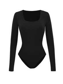 SHEIN Women's Solid Color Square Neck Long Sleeve Ribbed Casual Bodysuit - Black - View 4