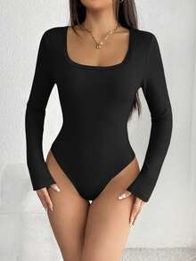 SHEIN Women's Solid Color Square Neck Long Sleeve Ribbed Casual Bodysuit - Black - View 5